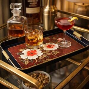 Toyo Japan 1970s Laquered Floral Peonies Rectangle Serving Tray, 19x11”